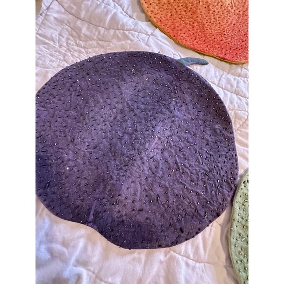 4 VTG Beaded Fruit themed Quilted Placemats Pear Apple Orange Plum table top htf - Picture 8 of 13